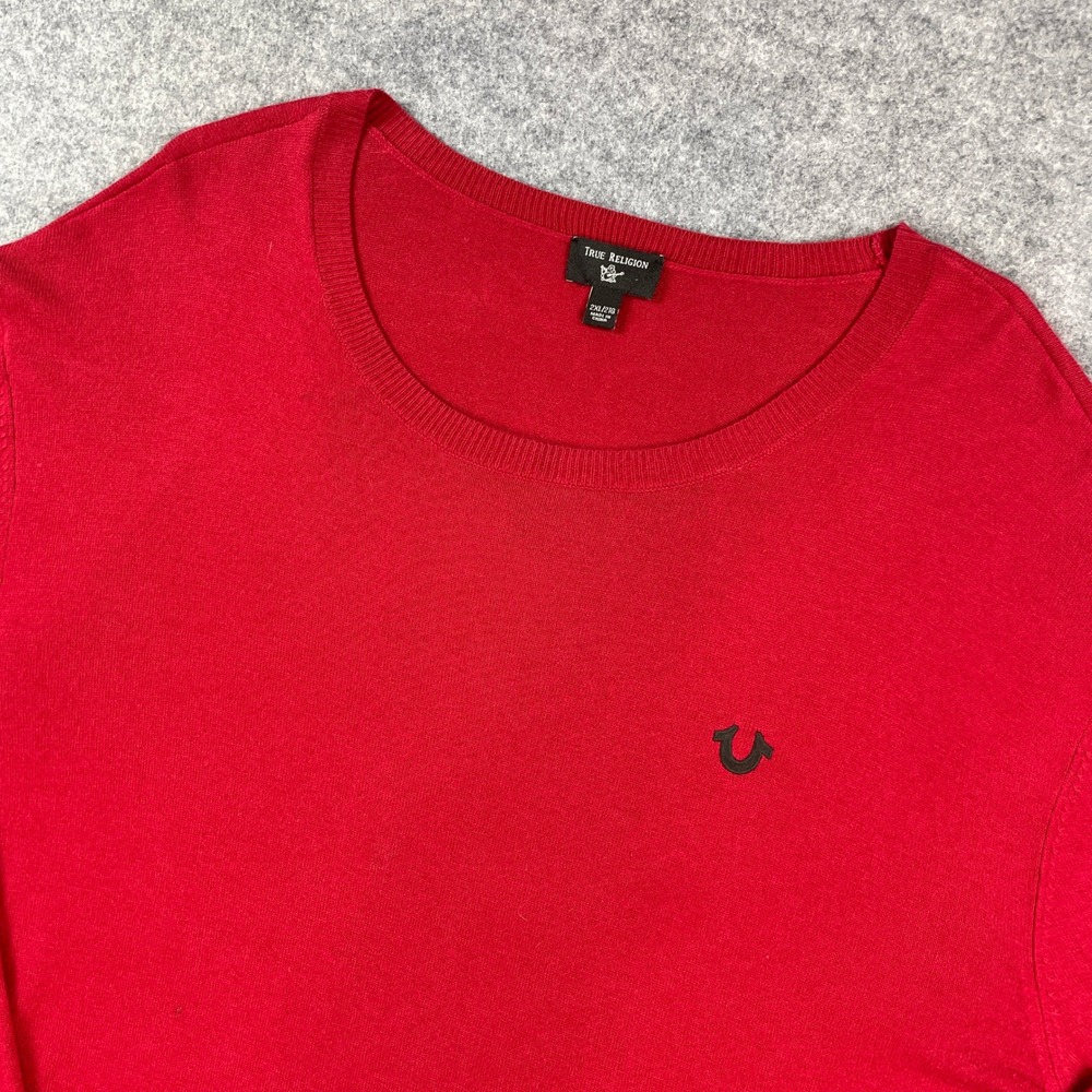 True Religion Mens Sweater 2XL Red Stretch Long Sleeve Crew Neck Regular Fit